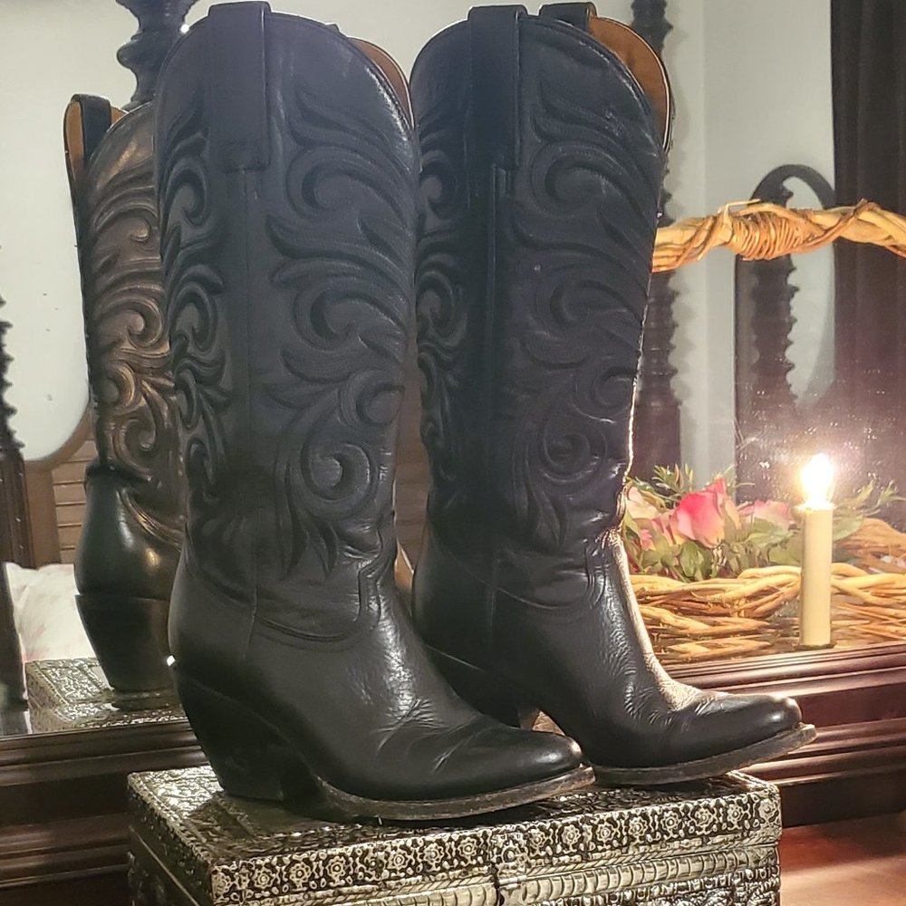 Lucchese Black Embroidered Leather Cowboy Boots